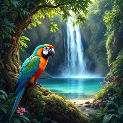 The primary subject of the image is a colorful parrot perched on a tree branch. The setting is a lush, tropical environment with a waterfall in the background. The visual style is a digital art or illustration, creating a vibrant and lively atmosphere. The dominant colors include shades of green, blue, and orange, reflecting the natural beauty of the scene.